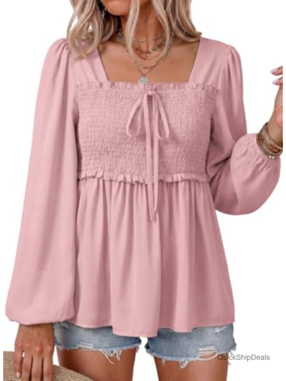 Womens Long Sleeve Square Neck Smocked Ruffle Peplum Blouse